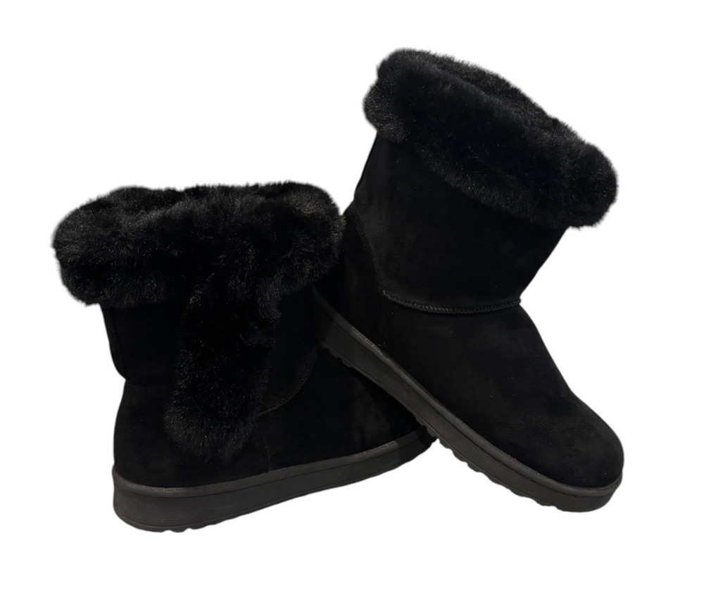 SO Womens 9.5 Black Faux Fur Winter Boots Suede Foldover Cozy Mid Calf